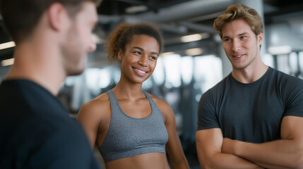A nutritionist and fitness coach advising a diverse group of young adults in a modern wellness center, symbolizing teamwork, professional guidance, healthy lifestyle, diet planning, sports