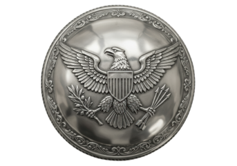 Silver American eagle emblem isolated on transparent background, patriotic symbol