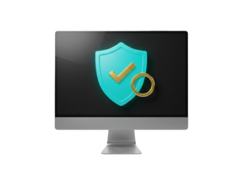 Modern computer monitor with security shield isolated, data protection and antivirus concept