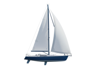 Blue sailboat with white sails isolated on transparent background, sailing vessel for recreation
