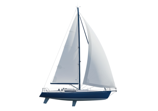 Blue sailboat with white sails isolated on transparent background, sailing vessel for recreation