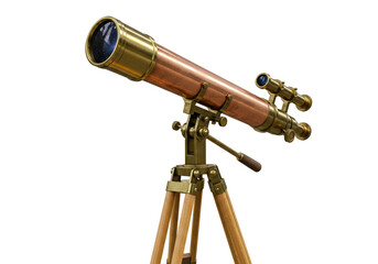Antique brass telescope isolated on transparent background, vintage astronomical instrument