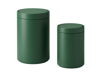 Two green cylindrical trash cans isolated on a clean background, waste management containers