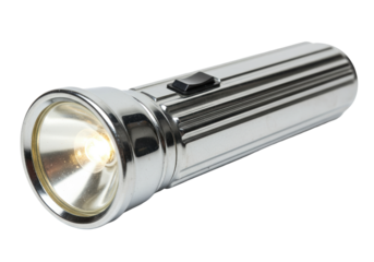Classic silver flashlight isolated on transparent background, vintage lighting equipment