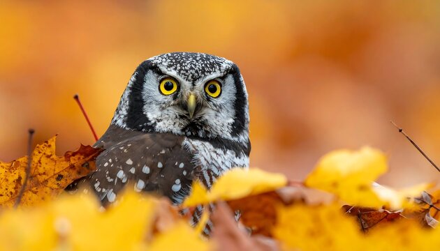 A striking owl with intense yellow eyes amidst vibrant fall foliage