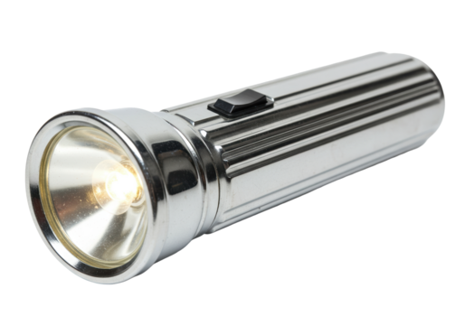 Classic silver flashlight isolated on transparent background, vintage lighting equipment