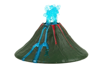 Toy volcano with blue lava isolated on transparent background, educational science model PNG
