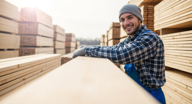 Cheerful lumberjack posing with wood planks in a warehouse, showcasing his expertise and dedication to the trade