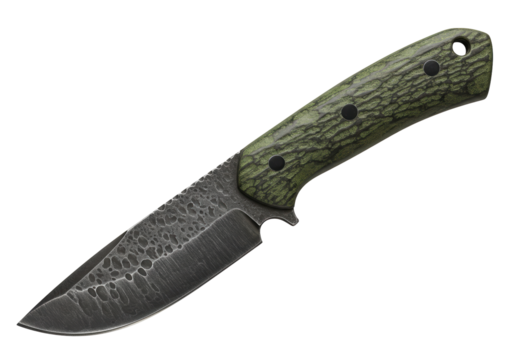 Hand forged knife with green handle isolated on white, hunting and survival tool for outdoors
