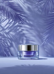 A beauty product jar sits on a surface, framed by palm leaf shadows, all in shades of violet