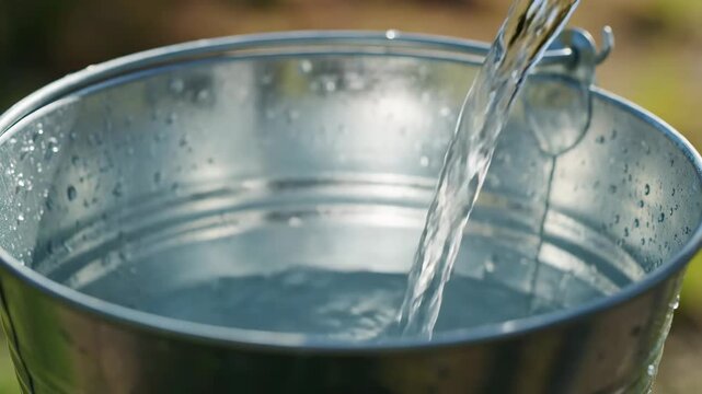 Fresh clean water pouring into a shiny galvanized metal bucket outdoors.