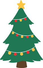Green Christmas Trees with Ornaments and Star flat Vector Illustration.
Cartoon Christmas Tree Decorated with Lights.
Transparent background. svg.