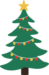 Green Christmas Trees with Ornaments and Star flat Vector Illustration.
Cartoon Christmas Tree Decorated with Lights.
Transparent background. svg.
