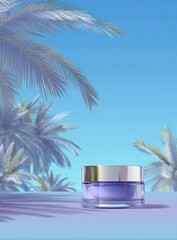 Skincare jar on a pastel purple platform with palm tree fronds, blue sky background