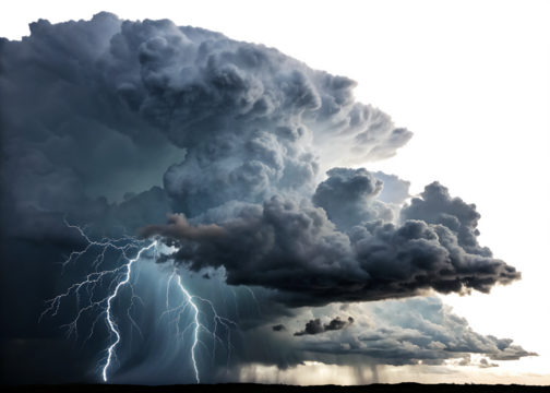 Dramatic supercell thunderstorm with lightning isolated on transparent background