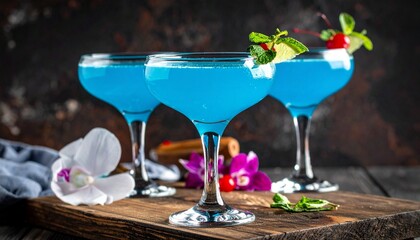 Elegant blue cocktail in a martini glass garnished with cherry, mint, and a purple flower, set on a black slate with fruit and herbs&mdash;vivid, luxurious, and bar-inspired.