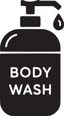 A black and white graphic of a body wash bottle with a pump and a single drop on a white background