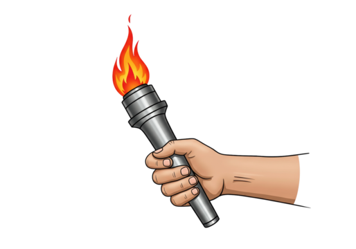 Hand holding a torch with flame PNG isolated on transparent background, symbol of inspiration