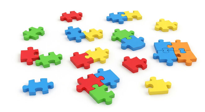 Colorful puzzle pieces isolated on white background, representing problemsolving, teamwork, and creative solutions in a playful and educational style