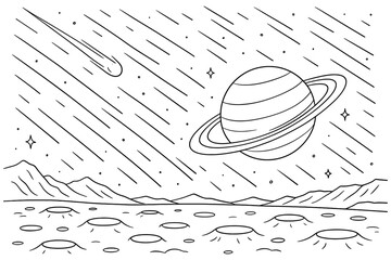 space landscape coloring page, planet, meteor shower, craters, moon, stars