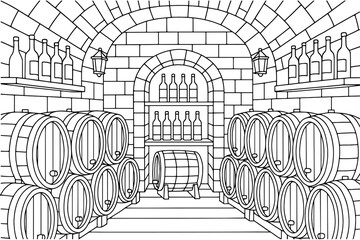 wine cellar coloring page , barrels, bottles, stone arch, cellar shelves