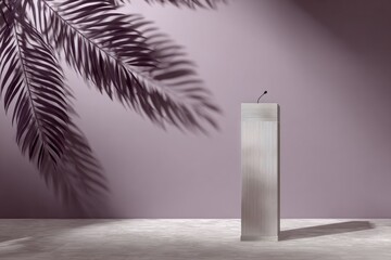 A minimalist, light-filled composition features a podium with palm shadows on a purplish wall