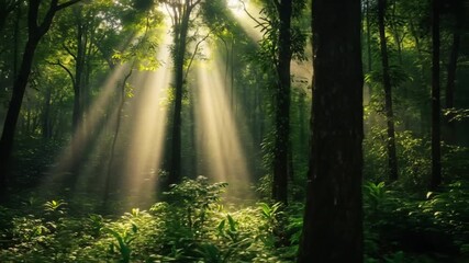 Golden sunrise rays piercing through lush green forest canopy as mist lingers on the dense foliage, creating a serene and ethereal woodland atmosphere - Powered by Adobe