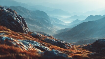 Misty mountain range with rocky foreground and faded blue peaks panorama