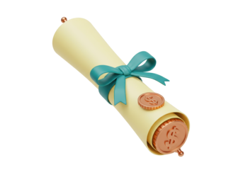 Scroll with teal ribbon and gold coins isolated PNG, financial success and investment concept
