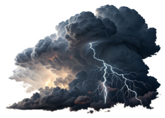 Dramatic thunderstorm cloud with lightning isolated on transparent background