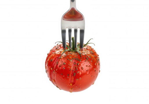 Red tomato pierced by fork isolated on a transparent background