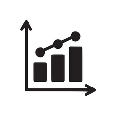 A simple dark blue icon showing a bar graph with an upward trending line on a plain white background