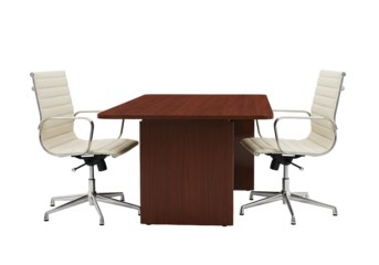 Modern conference room setup with wooden table and cream chairs isolated, office furniture