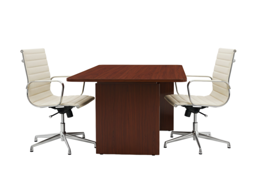 Modern conference room setup with wooden table and cream chairs isolated, office furniture