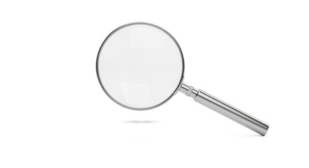 A magnifying glass rests on a white background, its lens reflecting light and creating a sense of focus and clarity isolated on white background