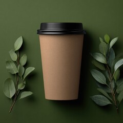 Eco-friendly coffee cup with a black lid, flanked by green leafy branches, on a dark green backdrop