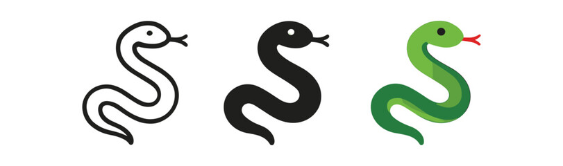 Fototapeta premium Simple snake icon set: outline, solid, and colored variations