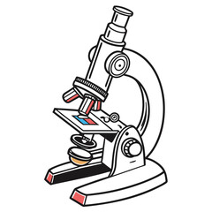 Colorful vector illustration of a microscope with red and blue accents