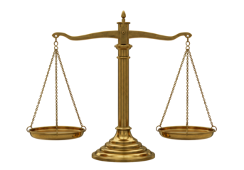 Golden balance scale isolated on transparent background, symbol of justice and law PNG