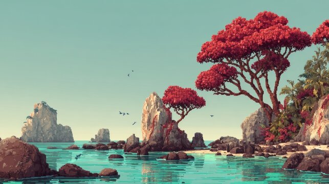 Pixelated seascape with red trees and rocky islands, reminiscent of old games
