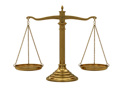 Golden balance scale isolated on transparent background, symbol of justice and law PNG