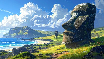 Easter Island Moai Statue Landscape Painting: Nature, Travel, Tourism, Art