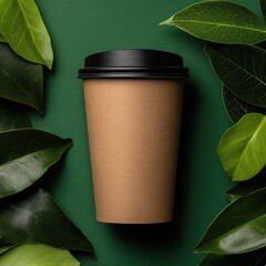 Brown paper coffee cup with black lid framed by green leaves on a dark green surface