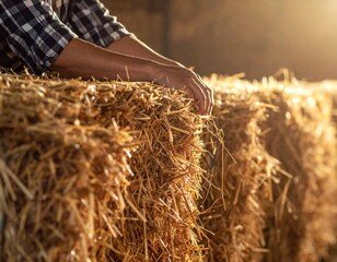 Farmer's hands resting on a stack of hay bales in a sunlit barn.