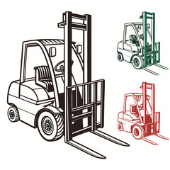 Forklift machine illustrations in black green and red