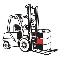 Forklift machine lifting a barrel with red stripe industrial