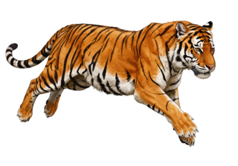 Majestic tiger leaping forward isolated on transparent background, powerful predator in motion PNG