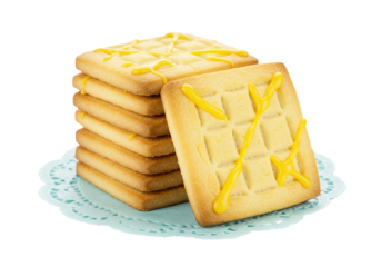 Stack of square shortbread cookies with yellow icing isolated on a blue doily, sweet treat dessert