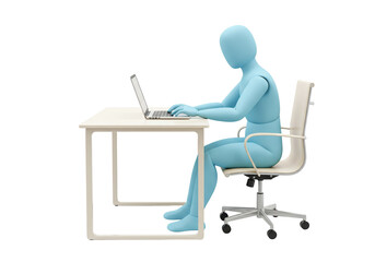 Light blue mannequin sitting at desk using laptop isolated, working from home concept