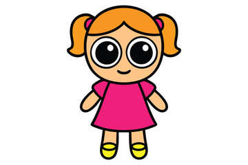 Cute cartoon baby girl vector in a pink dress with big eyes, ideal for kids’ designs, baby products, stickers, and nursery prints.